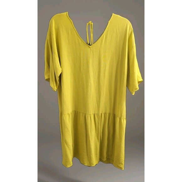 Eileen Fisher Dress Yellow Drop Waist Tie Back V-Neck Large Shirtdress - Picture 6 of 7